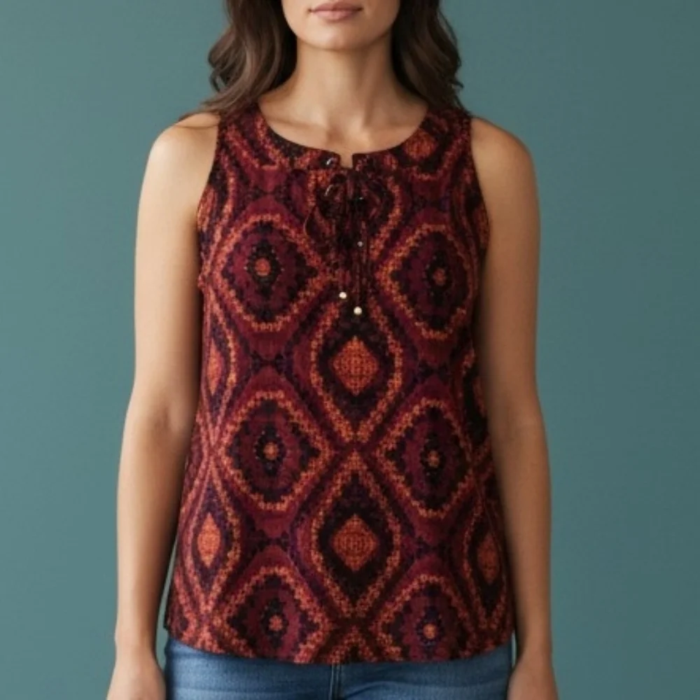 RUSSELL KEMP Geometric Diamond Pattern Lace Up Sleeveless Top